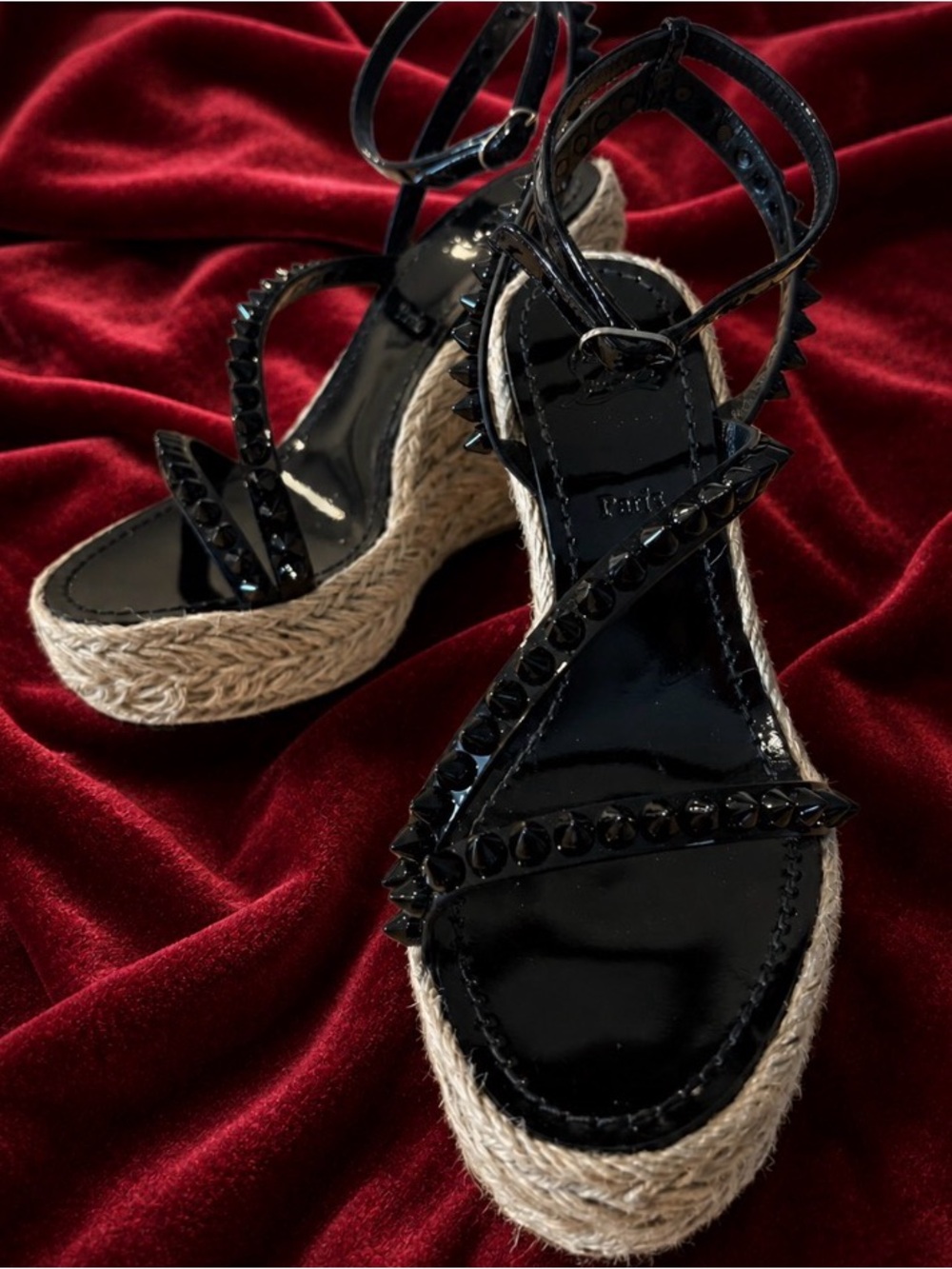 Christian Louboutin Black Patent Studded Espadrille Wedges